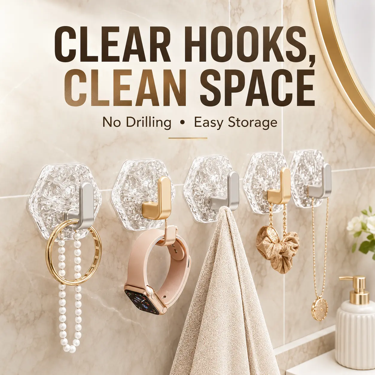 10-pack of self-adhesive hooks, hexagonal wave design, heavy-duty anti-stick, waterproof and rustproof, suitable for bathroom, kitchen, wardrobe, and home storage organizer installation.