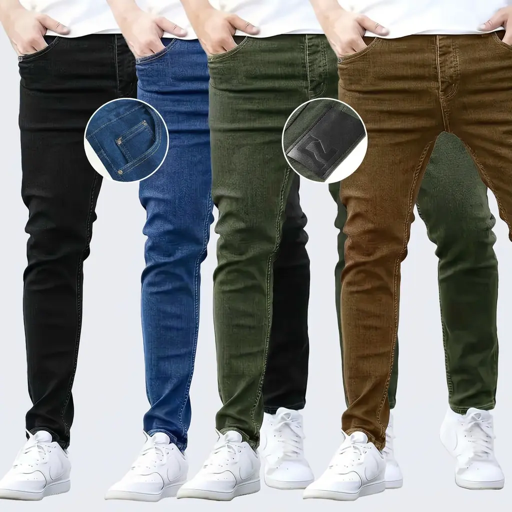 Men’s Classic Slim-Fitting Solid Denim 4-Pack Jeans - Cotton-Polyester-Elastane Blend, All-Seasons Casual Minimalist Streetwear Bottoms, Versatile Colors Menswear Pants, Plain, Four Pack