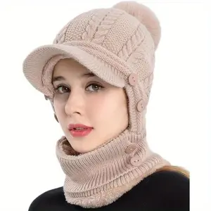 Women's Winter Pullover Ear Warmer Hat & Scarf Mask Combo - Thick Fleece Lining, Cable Pattern Slouchy Skull Ski Cap, Hand Wash