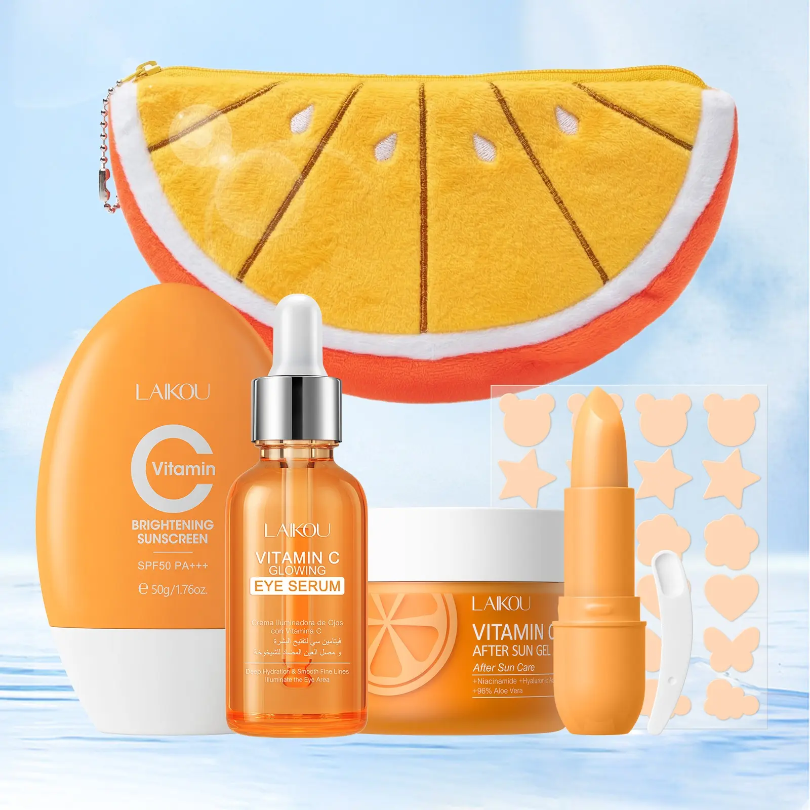 LAIKOU Vitamin C Complete Daily Care Set: Sunscreen, Eye Serum, After Sun Gel, Cover Pimple Patch, Lip Balm & Orange Bag for Daily & Travel Use, Portable & Convenient Travel Kit, Soothing After Sun & Daily Repair
