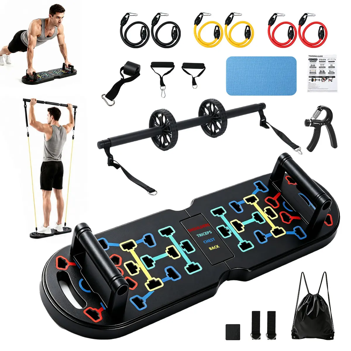 20-in-1 Portable Home Gym Workout Set, Foldable Color-Coded Push Up Board, 6 Adjustable Resistance Bands, Pilate Bar, Ab Roller Wheel, Hand Grip Strengthener for Men Home Travel Strength Training