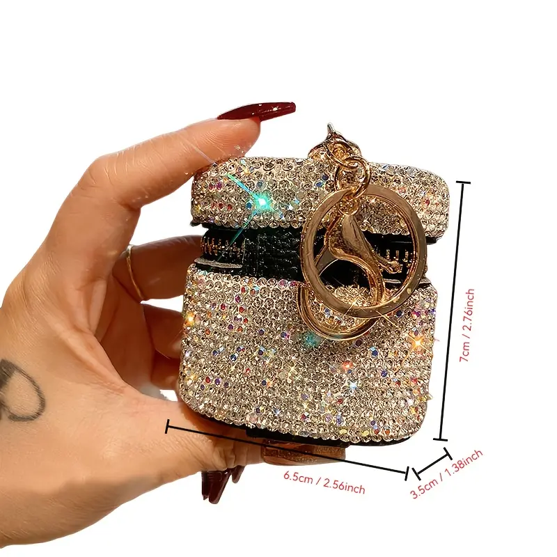 Women's Portable Mini Size White Rhinestone Bag Pendant Storage Box, Fabric Home Organizer with Gold Hardware, White Glitter Design, Zipper Closure, Mixed Colors, Small Crossbody Synthetic Headphone Jewelry Case