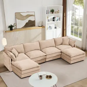 Modular Sectional Sofa 130.7 Inch U Shaped Couch Set for Living Room, 4-Seater Comfy Cloud Couches with Movable Ottoman, DIY Combination, Chenille, Coffee