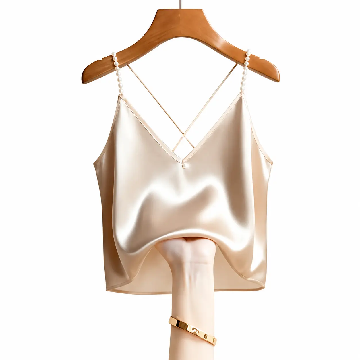 An elegant and alluring satin tank top for women, embellished with pearls, featuring a silk camisole with an open back, made of a glossy fabric, perfect for summer parties.