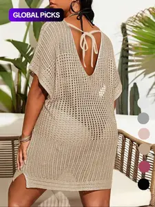 【Plus Size】 Plain Knit Dress, Plus Size Women's Crochet Swimwear Cover Up Dress, Women's Plus Clothing for Beach Cover Ups Holiday Vacation