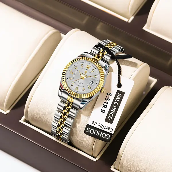 GOHOUS Women's Modern Casual Business Watch, Stainless Steel Analog Quartz Wristwatch with Week and Date Display, Green Dial, Luminous Dial, Steel Strap, Quartz Drive, Analog Dial