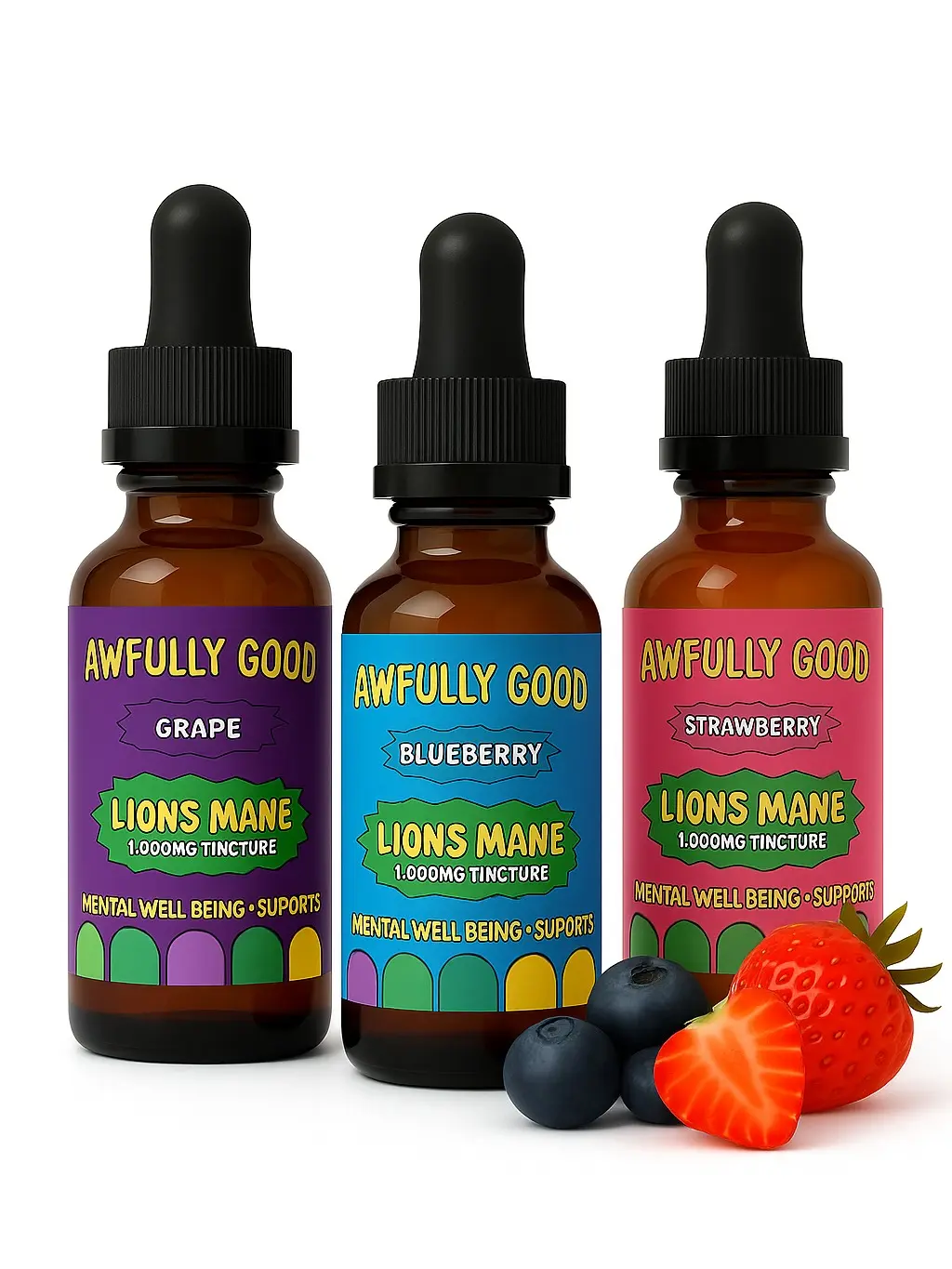 Natural Herbs Flavored Lion's Mane Liquid Tinctures - 3 Bottles (2 Strawberry + 1 Blueberry Mixed Fruit) Edible Dietary Supplements, 1 Fl Oz Each, Prop 65 Safe Healthcare Support