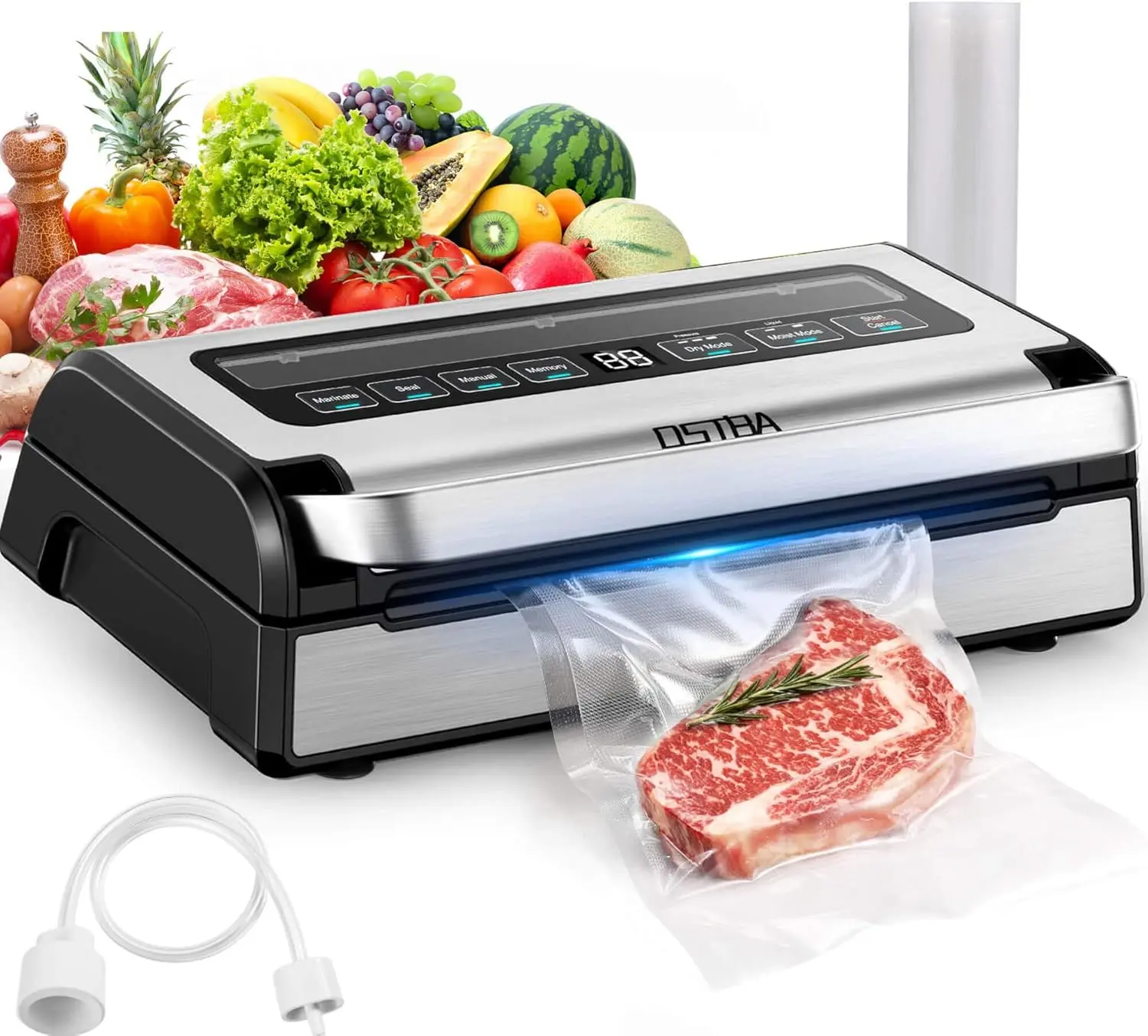 OSTBA 180W Vacuum Sealing Machine - 12-in-1 Dual-Pump Food Saver with Digital Display, Built-in Cutter, Bag Storage, Easy-Lock Handle, Dry/2 Moist/Marinate Modes, Memory Function, Airtight Seal, 1 Vacuum Bag Roll & Hose Included