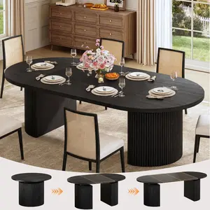 Extendable Round Dining Table for 4-8, 39in-77in Long Large Kitchen Table with Fluted Base, Space Saving Modern Farmhouse Oval Dinner Tables for Dining Room, Kitchen, Living Room, Natural