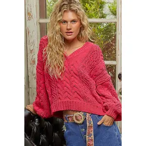 POL Cable-Knit Solid V-Neck Cropped Sweater