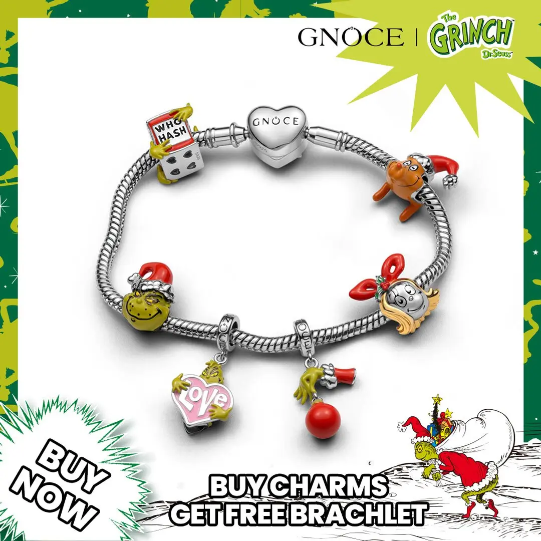 GNOCE Grinch Dangle Charm - S925 Sterling Silver 0.45cm Sparkling Cubic Zirconia Enamel Christmas Ball Pendant, Festive Holiday Bracelet Jewelry Accessory, Festive Holiday Jewelry, Durability, Casual, Unisex, Sparkling And Durable, Gift, Charm Hole, Chris