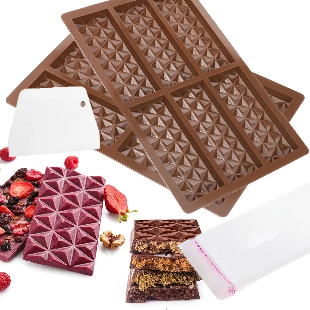 2PCS Diamond Shape Silicone Chocolate Bar Molds - 6-Cavity, BPA-Free Kitchen Bakeware with Scraper & 100 Packaging Bags, Easy Clean DIY Tool for Thick Chocolate Bars, Ideal for Halloween & Birthday Treats