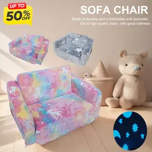 Glow in The Dark Extra Soft Open Couch 2-in-1 Toddler Soft Couch Fold Out Glow in Dark Convertible Plush Foam Chair Star Glow in The Dark Toddler Couch for Playroom Bedroom