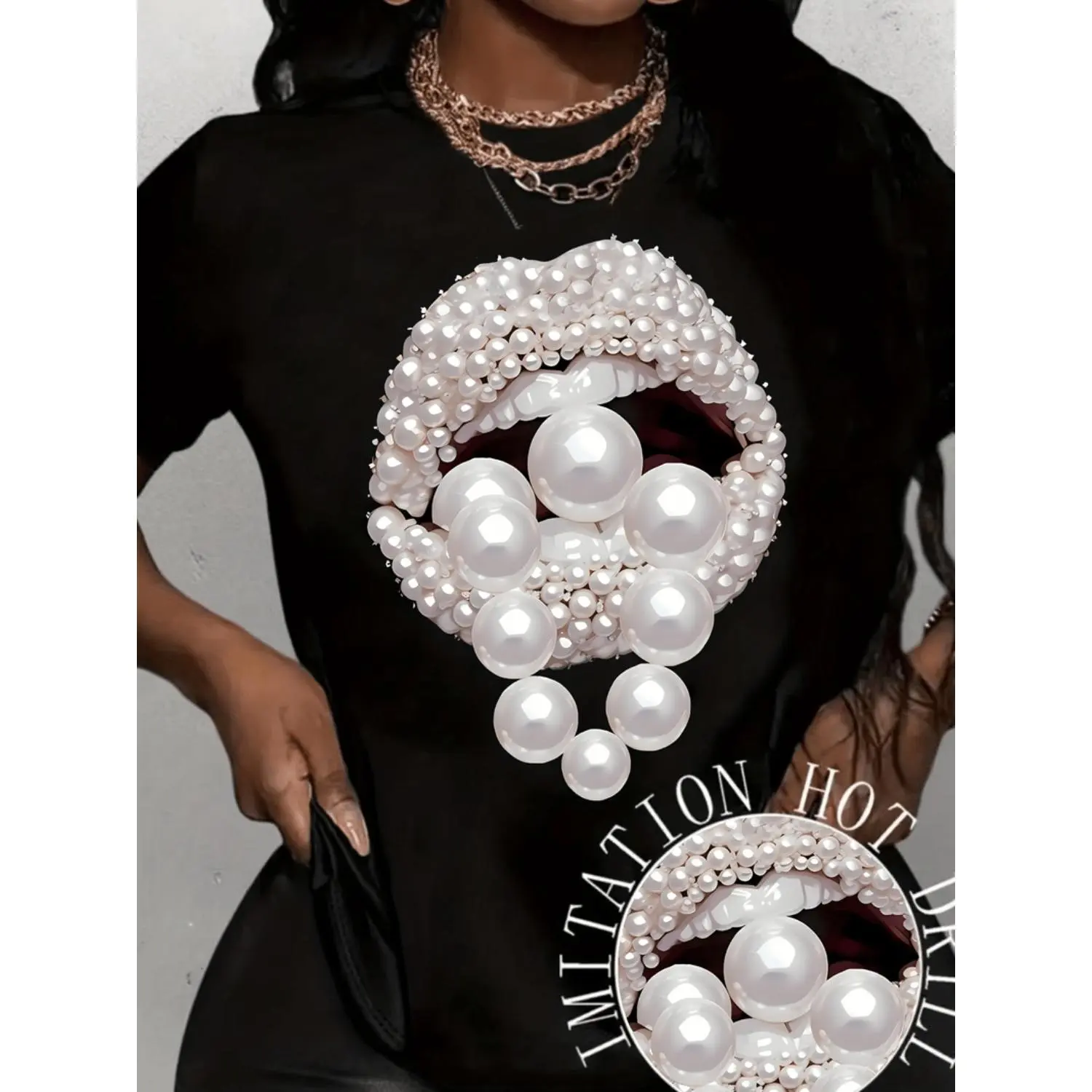 art jewelry lip pattern art print t shirt womens t shirt summer short sleeve top casual black -1