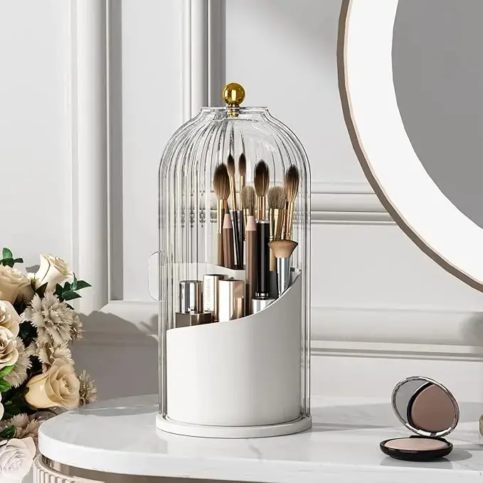 Oval Shape Durable Home Storage Box，360° Angle Control Waterproof Rotating Beauty Organizer ，3-Compartment Toothbrush Holder,Container for Vanity Desktop Countertop Storage Organization, Beauty Supplies Organizer