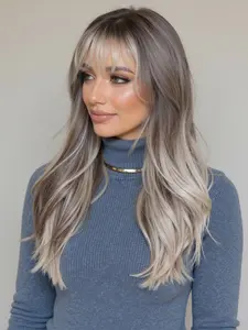 Fashionable New 22 Inch Dark Grey Gradient Light Grey Long Wavy Wigs with Bangs Synthetic Natural Looking Women's Wigs Suitable for Daily Life, Dance Parties, Cosplay and All Occasions