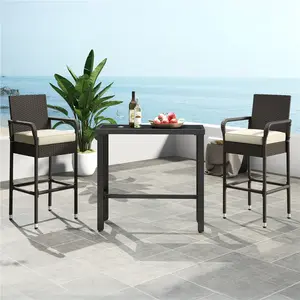 Costoffs Barstools Set of 2, All-Weather Rattan Wicker Furniture Outdoor Bar Stools with Upholstered Cushion, Armrests & Footrests, for Backyard & Poolside, Brown/Beige
