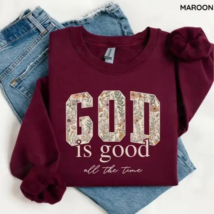 A cozy God Is Good sweatshirt featuring a Christian quote and Bible verse, a faith-filled crewneck that makes an inspiring and meaningful religious gift for women.