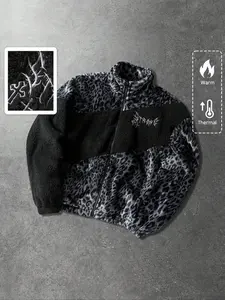 Men's streetwear style unisex leopard print and English lettering patchwork warm inner lining jacket, autumn/winter style Zip Up Fleece Jackets