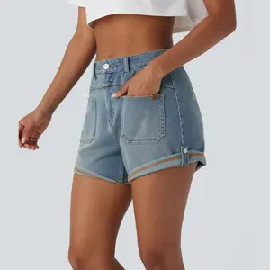 Halara Flex Mid Rise Front Pocket Rolled Hem Washed Stretchy Knit Denim Casual Shorts