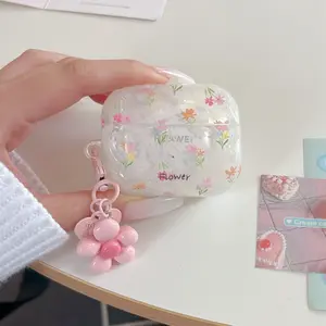 Romantic Farmhouse Style Colorful Flower Earphone Case + Heart Keychain, Fits AirPods 4/3 Pro/pro2/2/1, Durable and Secure Closure, Earphone Protective Cover