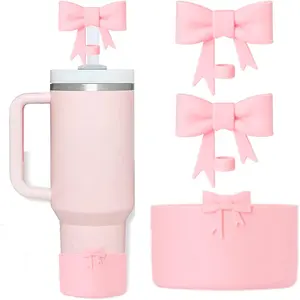 Silicone Bow Straw Covers Cap Toppers+Boot Compatible with Stanley Cups,Cute 10mm Straws Topper Bottle Boots for 40oz Tumbler with Handle,Stanleys Cup Accessories Set,3Pcs