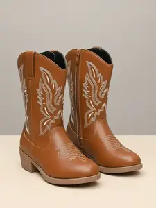 Embroidered Mid-Calf Western Style Round Toe Cowboy Boots, Cowgirl Boots, Versatile Thick PU Leather Boots, Kids Fashion Footwear