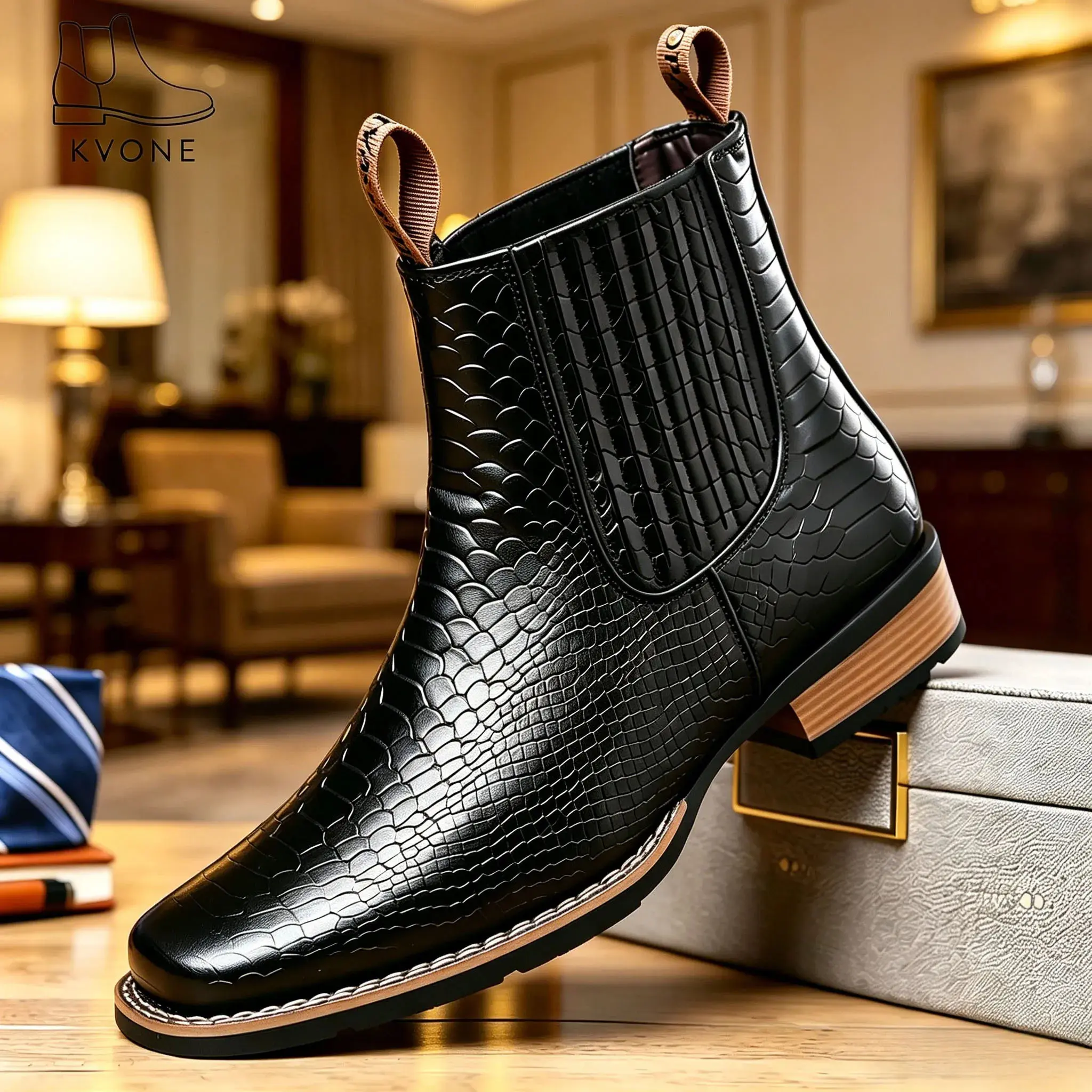 Men’s retro embossed crocodile Chelsea boots with wooden heel—business casual shoes suitable for all seasons, made from embossed crocodile leather; summer square-toe Chelsea boots and Western cowboy boots. Lightweight boots,botas para hombre