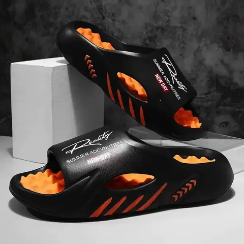 Men's Thick EVA Sole Casual Footwear - Black Alphabet Letter Print, Soft Non-Slip, Thick Cushioned, Hollow-Out Massage Open-Toe Slides, Relaxed Fit Indoor Barefoot Slippers for Daily Use