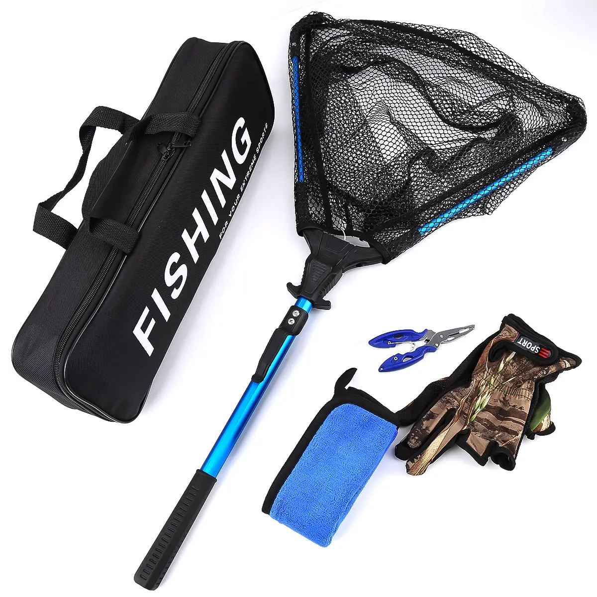 Fishing Gear Set Net Fishing Nets Fishing Pliers Camouflage Gloves Cleaning Cloth Portable Storage Bag Saltwater Freshwater Fish Catch Tools Combination Fishing Accessories Fishing Equipment Kit