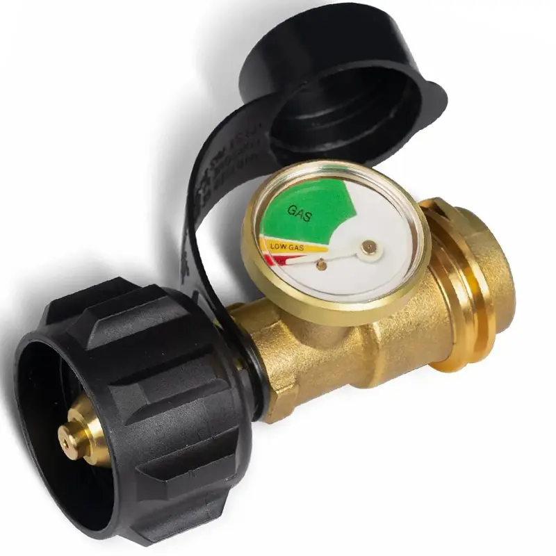 Solid Brass QCC1 Fit Propane Tank Level Gauge with Attached Dust Cover, 5Lb – 40Lb Fuel Indicator, Luminescent Dial, Leak-Proof Low Pressure Monitor for RV Campers, Gas Grills, Outdoor Safety Accessory