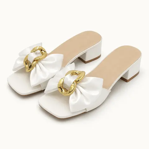 GeeYea women’s White Bow Low Heel Slide Sandals, Square Toe Slip-On Dress Sandals with Gold Chain Accent, PU Upper, Synthetic Leather Lining & Rubber Sole, Elegant Shoes for Office, Date Night, Party & Spring Summer Outfits