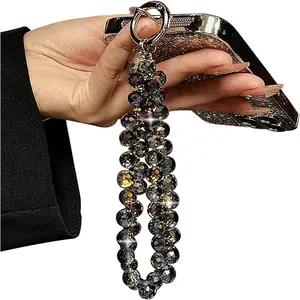 F-PCS01  Beaded Phone Wrist Strap, Cellphone Lanyard Chain, Sparkling Wristlet Bracelet for Women, Black