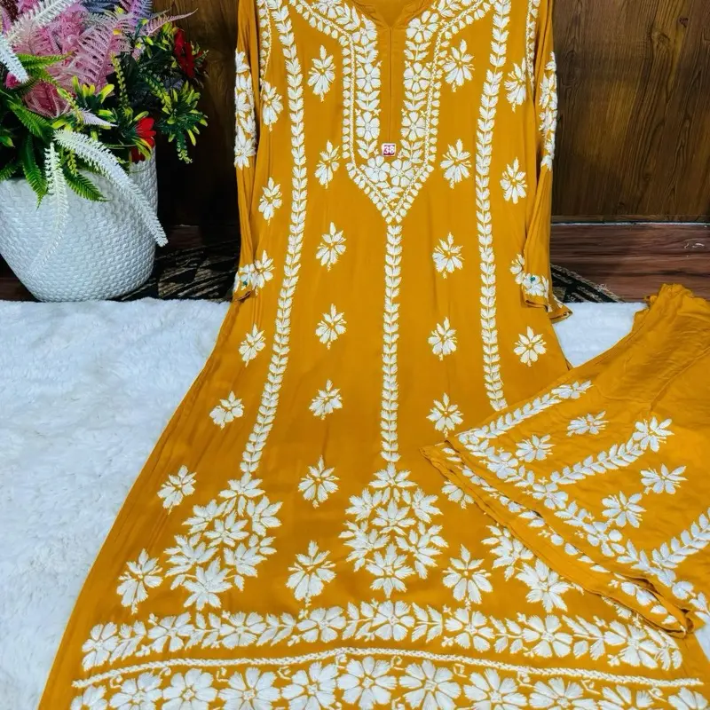 Lucknowi Chikankari Premium Heavy Designer Modal Palazzo Set Floral Elegance Traditional Craftsmanship Womenswear Clothes 46 Inches Special Events Dry Clean - Casual, Dress
