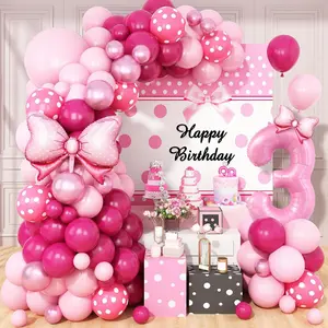 Pink 3rd Birthday Balloons Decorations, Hot Pink Rose Polka Dots Balloon Arch Kit, Huge Bow Foil Balloons, pink Number 3 Balloon Tower for Baby Shower Girls Princess 3rd Theme Party