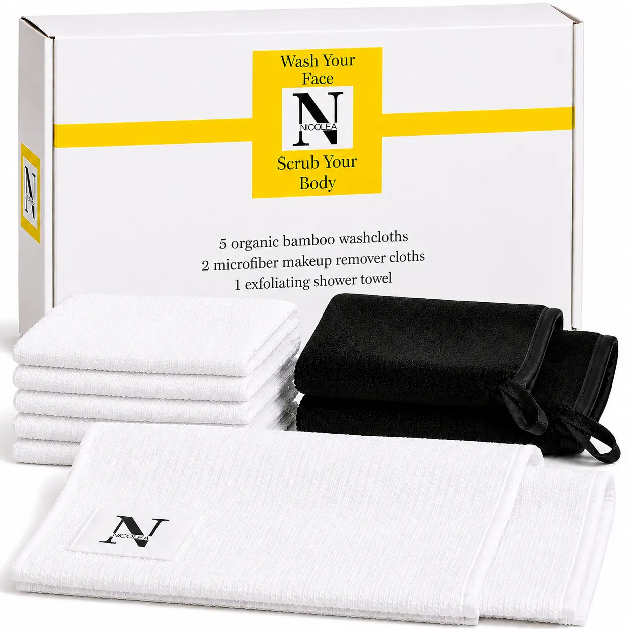 NICOLEA Premium Bamboo Face Towels & Microfiber Makeup Remover Cloths (8 Piece Self-care)