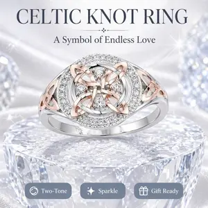 Women Two-Tone Celtic Witch Knot Promise Ring, Silver Rose Gold Halo Cubic Zirconia Trinity Knot Ring, Irish Protection Amulet Jewelry Gift for Her Birthday Valentine Anniversary