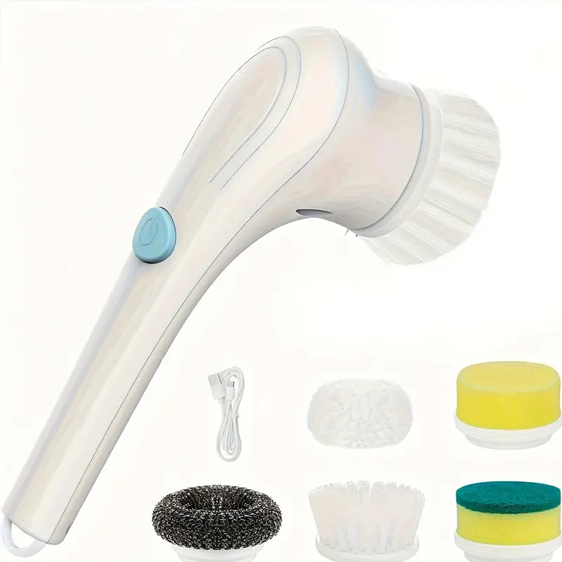 Multifunction Wireless Cordless Power Spin Scrubber - 5 Replaceable Soft to Scour Pads, USB Rechargeable, Strong Grime-Scum Power Deep Clean Handheld Electric Rotating Tool for Bathroom, Kitchen Home Care