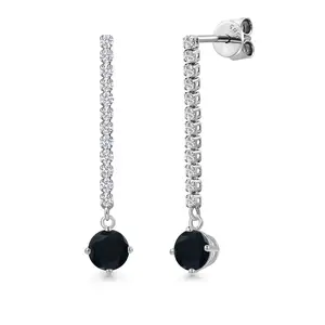 14K White Gold Black Onyx and White Lab Grown Diamond Long Liner Dangle Earrings for Women | 1.31 Cttw | Gemstone December Birthstone | Round 5MM | White Gold Chain Drop Earrings