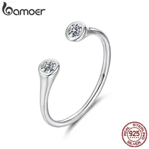 BAMOER Moissanite Teardrop Open Ring Double Stone Stacking Lightweight Ring Round Cut Lab Diamond for Women Minimalist Gift