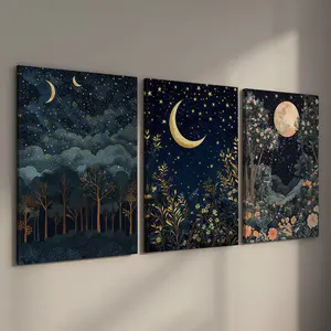 3 Pcs William Morris Stretched Canvas Wall Art, Gold Moon & Night Sky Botanical Prints, Ready to Hang Floral Posters, Artistic, Vintage Mid-Century Modern Decor, Gallery Wrapped Celestial Garden Murals for Bedroom, Living Room, Nature Artwork Gift