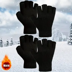 2 Pairs Half Finger Gloves, Winter Touchscreen Compatible, Thermal Windproof, Elastic Cuffs, Solid Color, Casual Outdoor Cold Weather Gloves