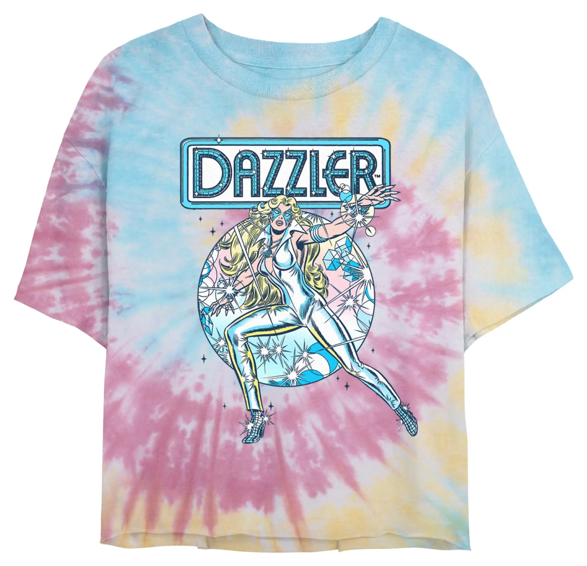 Juniors Womens' Marvel Dazzler Retro Light Beams Shimmer Cropped T-Shirt