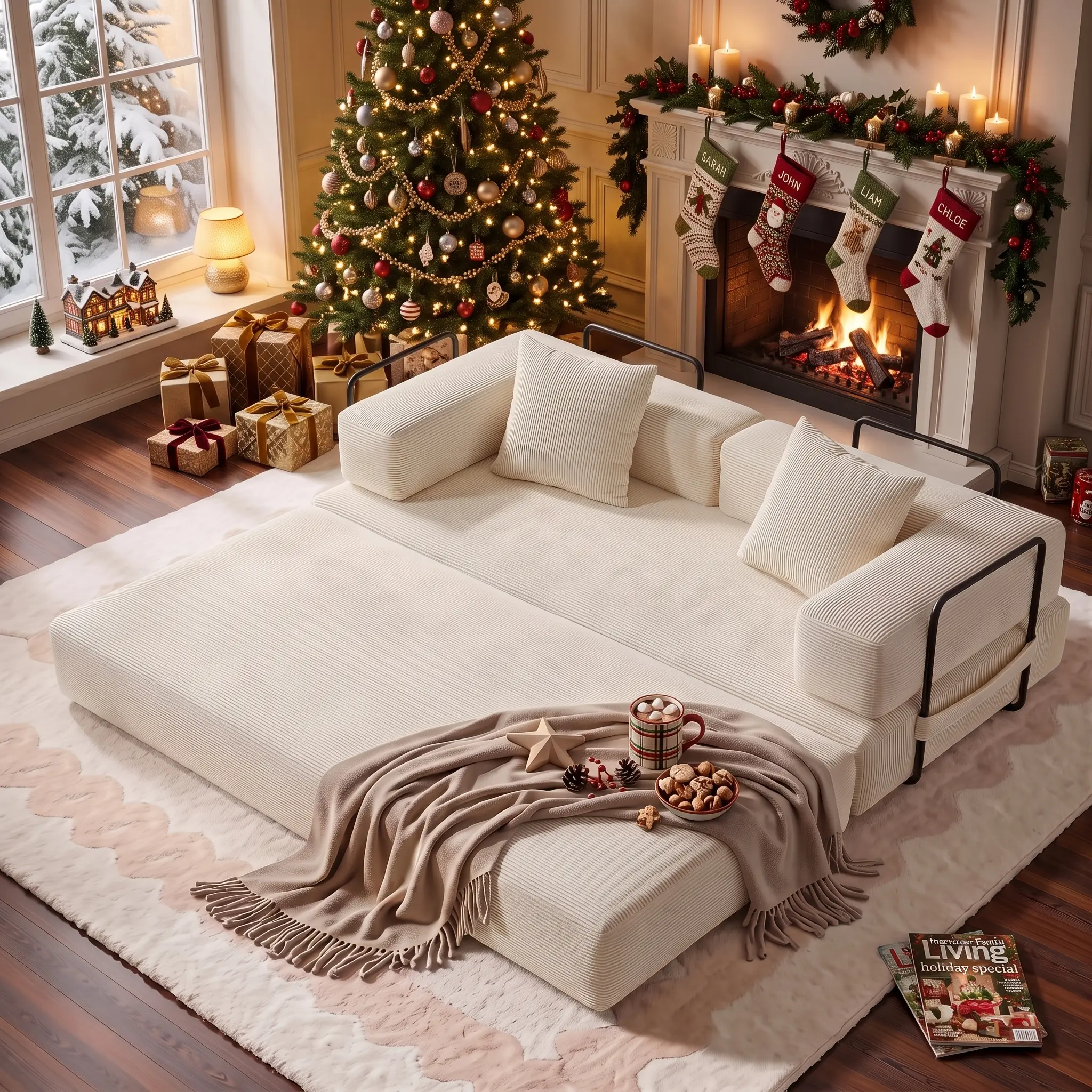 78-Inch 5-in-1 Boneless Indoor Seating Couch, Modular Setup Sofa Bed with Fold-Out Bed, Convertible Loveseat Sleeper with Premium Sponge Padding for Living Room Bedroom (White)