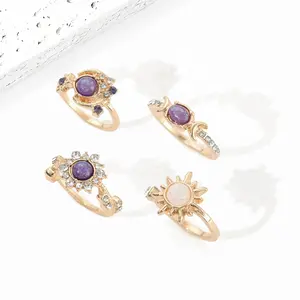 Women’s Sun & Moon Gemstone Stacking Ring Set - Trendy Geometric Stackable Rings, Sparkling Crystal Detail, Minimalist Light Luxury Jewelry for Daily Wear, Gifting