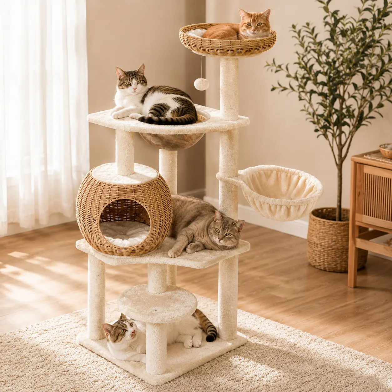 Yaheetech 54in Rattan Cat Tree Tower with Luxury Woven Condo, Clear Bowl, Washable Cushions, and Scratching Posts, Cat Furniture for Indoor Cats