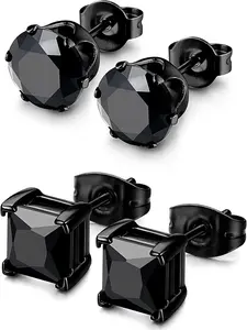 2 Pairs Hypoallergenic CZ Black Stud Earrings for Men Women 316L Stainless Steel Square Round CZ Mens Earrings Studs Jewelry Set for Sensitive Ears 3-8MM Black Silver Earring Stacking Set