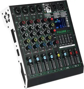 DT-4 Professional 4 Channe Audio Mixer，DJ Controller Sound Board Mixing with 99 DSP Effects,5-Band EQ/4 XLR interfaces and USB for Live Streaming & Recording，48V Phantom Power & Vocal Removal