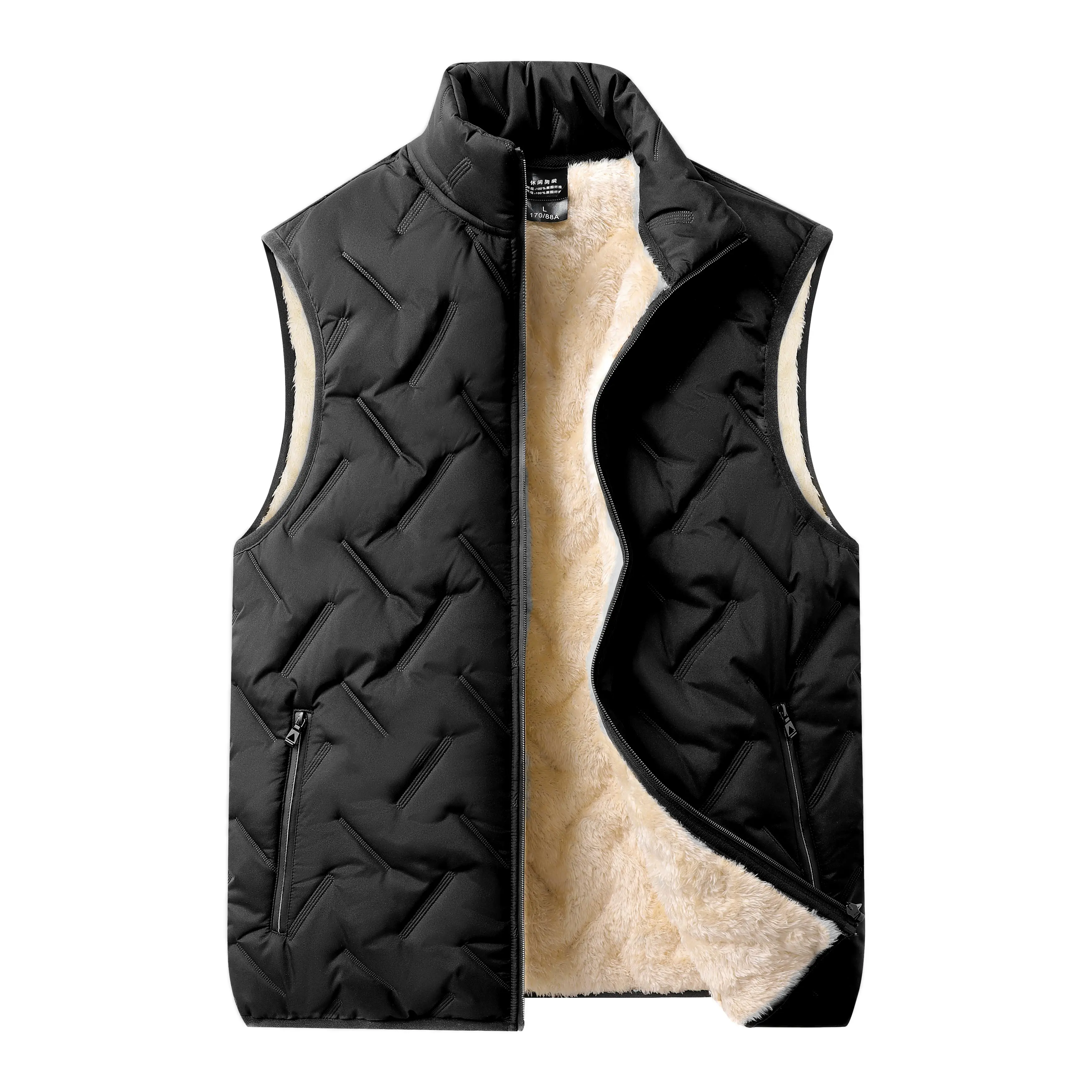 Men's Round Neck Sleeveless Fleece-Lined Polyester Gilet - Pull On, Autumn Winter Warm, Plain, Regular Fit, Zippered, Easy-Care Casual Outdoor Waistcoat (Medium Beige, Black), Durable And Easy To Care For, Warmth, Clothes, Light Waistcoats & Gilets, Easy