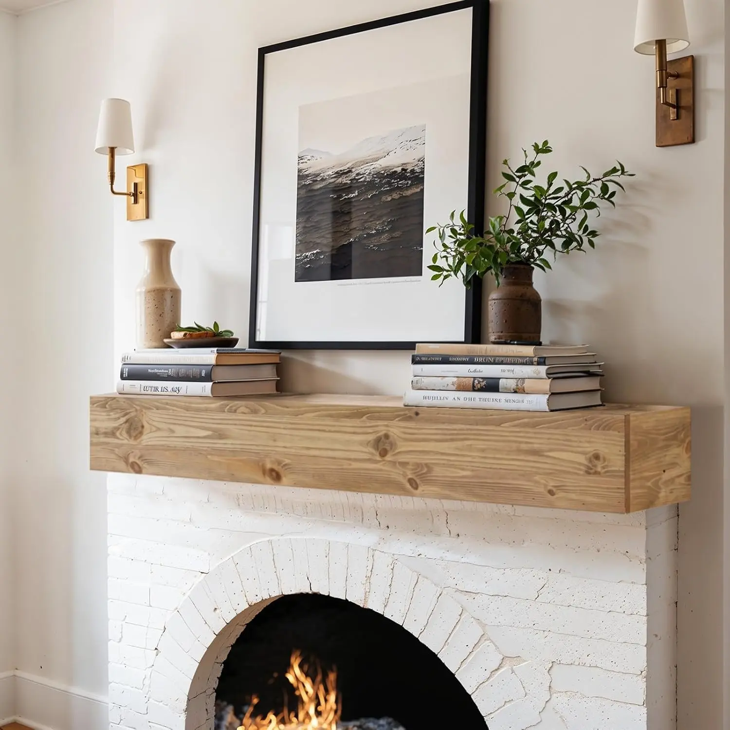 Fireplace Mantel Shelf, 66x8x5 Pine Wood Mantel, Oak Color | Wooden Floating Shelf Over the Fireplace, Wall-Mounted Mantel, Rustic Floating Mantel Shelf